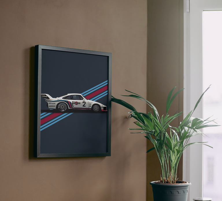 Car wall art poster framed on an office wall.