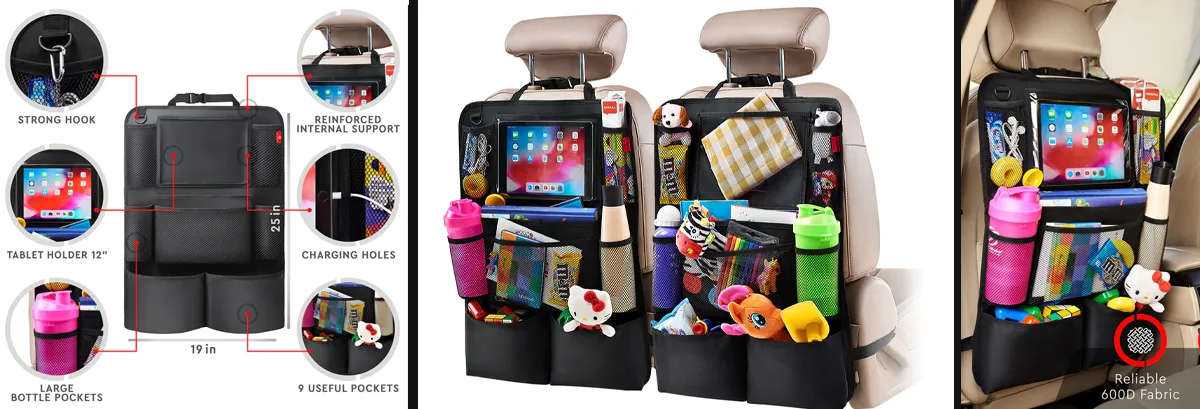 Amazon product card for Plenty of storage options to keep your family’s travel essentials in order.