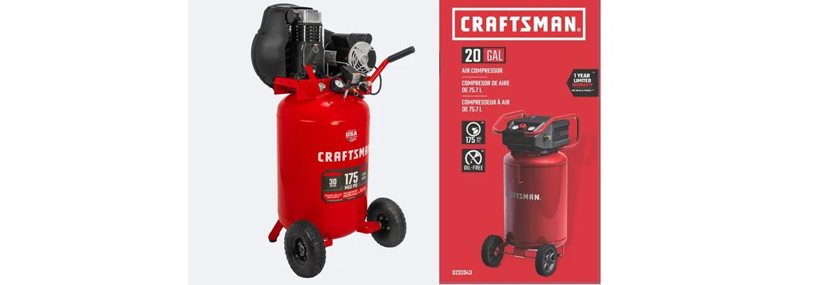 Amazon product card for Heavy-Duty Tier - Craftsman 20‑Gal 1.7 HP Vertical Compressor