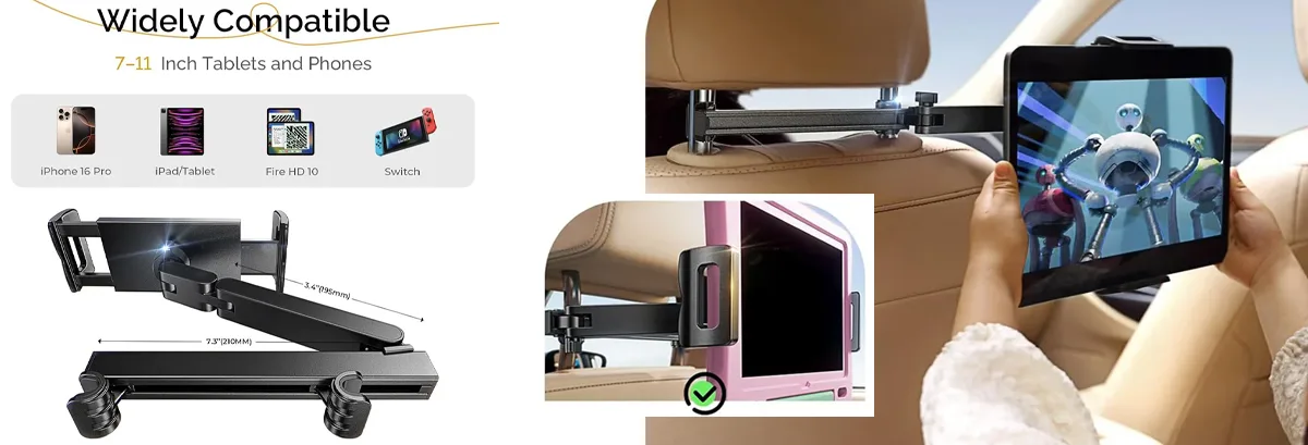 Amazon product card for This holder gives a lot of freedom to move the iPad around as needed for he passenger to
