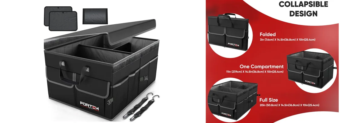 Amazon product card for Tidy up your trunk with this multi-compartment organizer for gear, groceries, or tools.