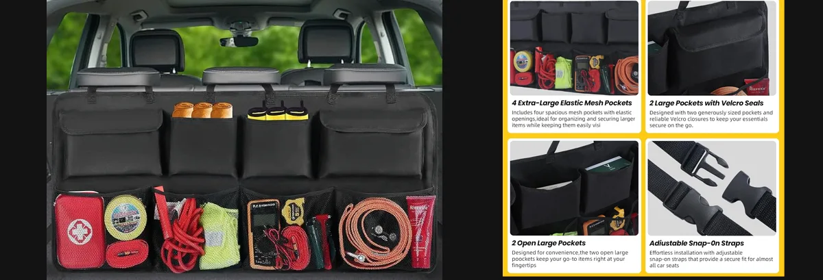 Amazon product card for Tidy up your trunk with this multi-compartment organizer for gear, groceries, or tools.