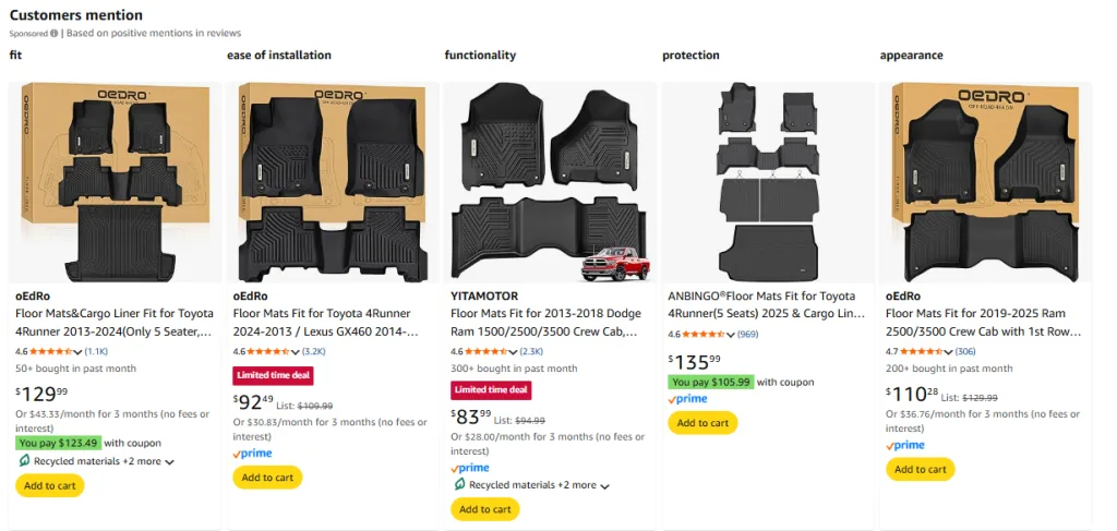 OEDRO floor mats current selection graphic on white background