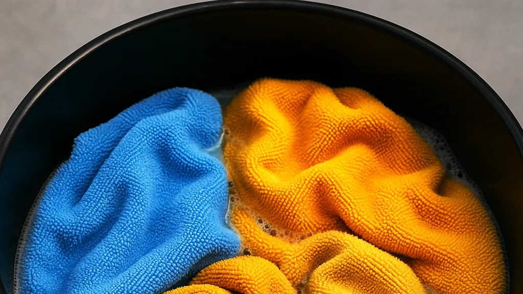 Microfiber towels in a bucket on white background