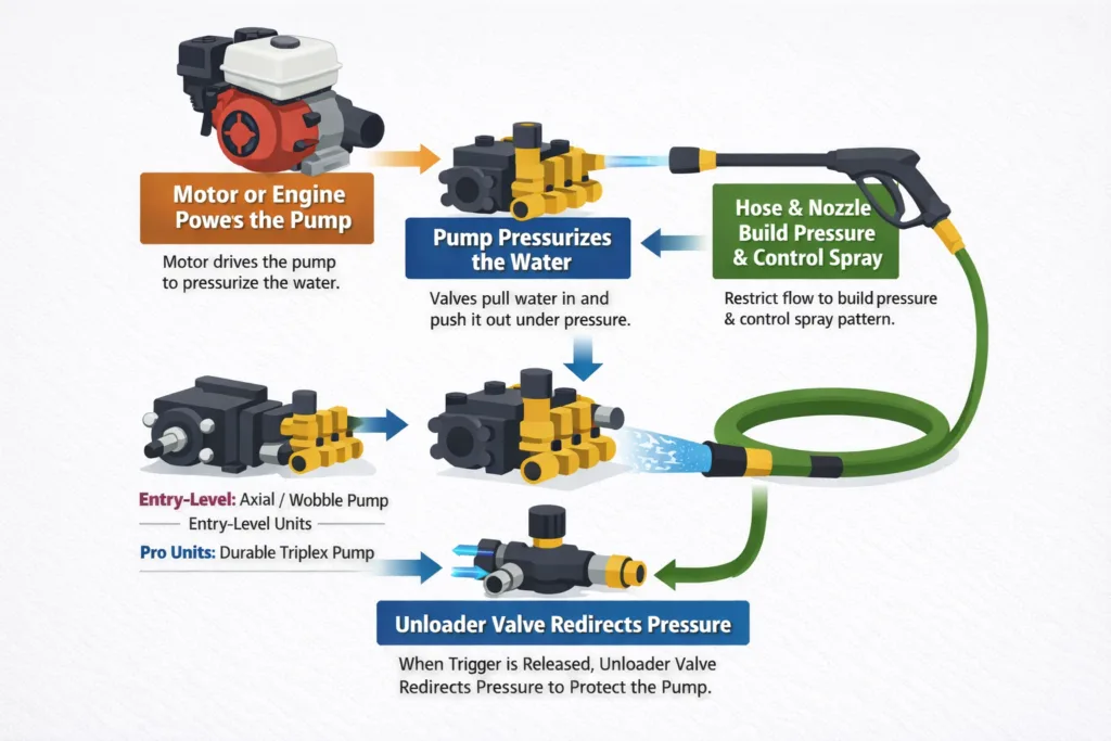 Main Components of a Pressure Washer on white background