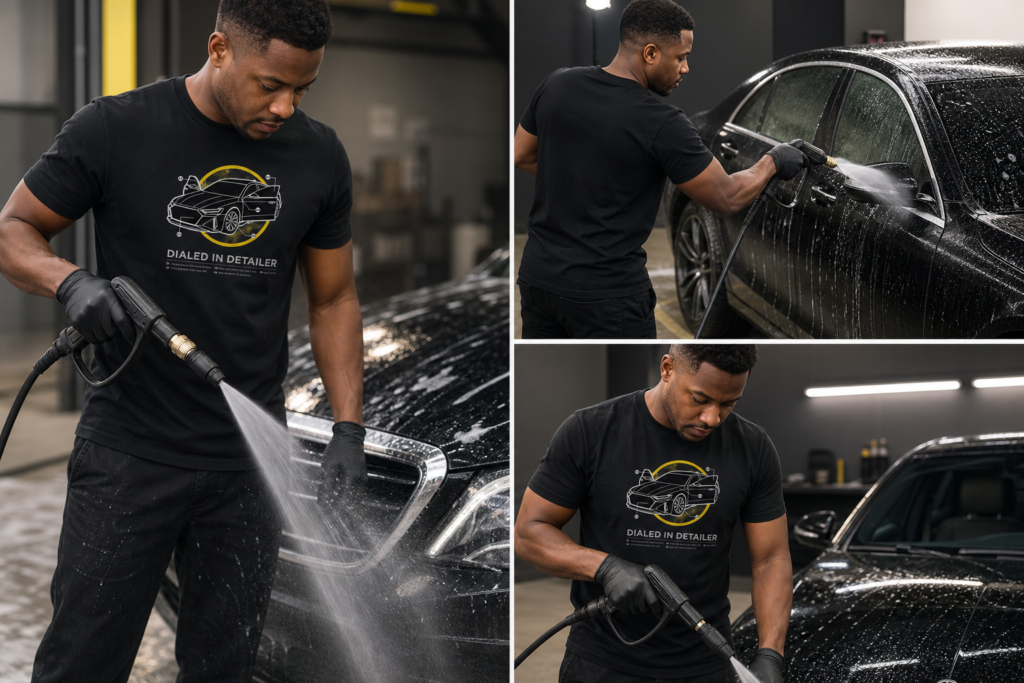 Dialed-In Detailer - T-Shirt Design on white background