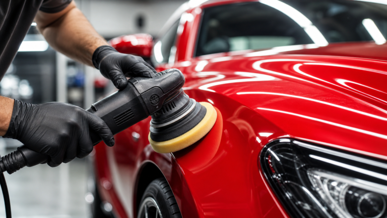 A red car being polished with a polisher.