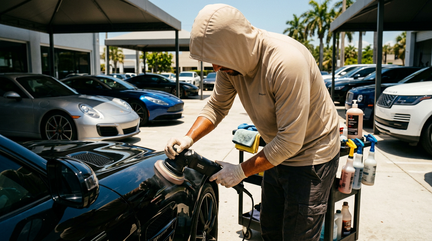 Person using polishing machine on black sports car exterior